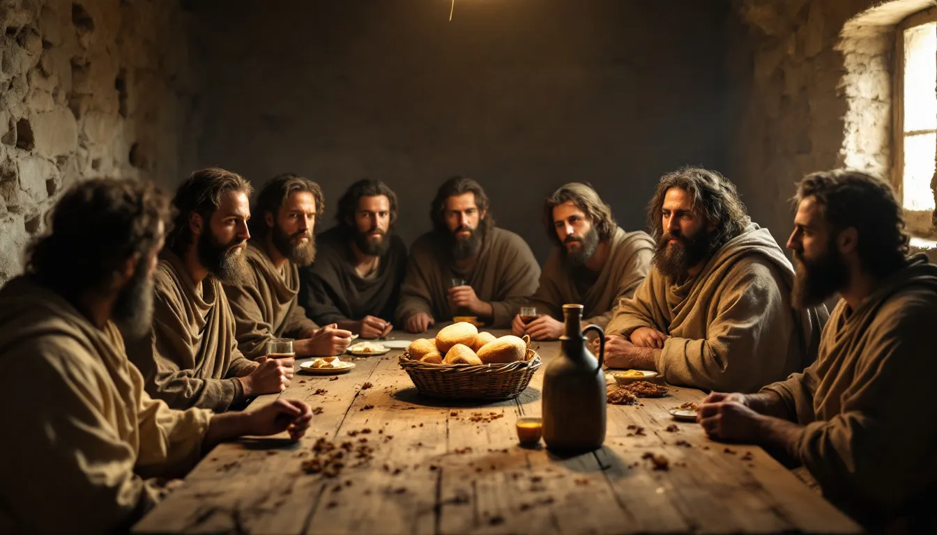 The image depicts an early Christian community gathered around a table, joyfully sharing resources and meals, embodying the Acts 2 model of financial unity and cooperation. This scene reflects the teachings of Jesus Christ about financial blessings and the importance of serving God together in love and abundance.