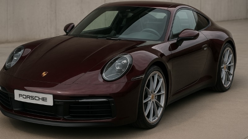 A Porsche wrapped in dark maroon metallic vinyl wrap