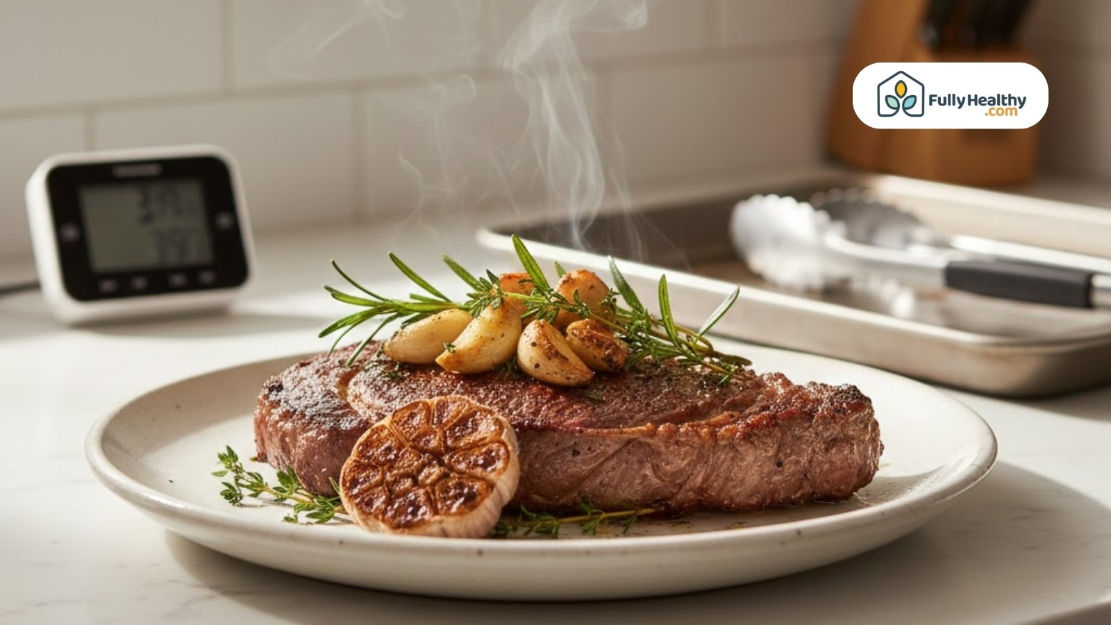 Cooked steak garnished with garlic and herbs served hot on a white plate