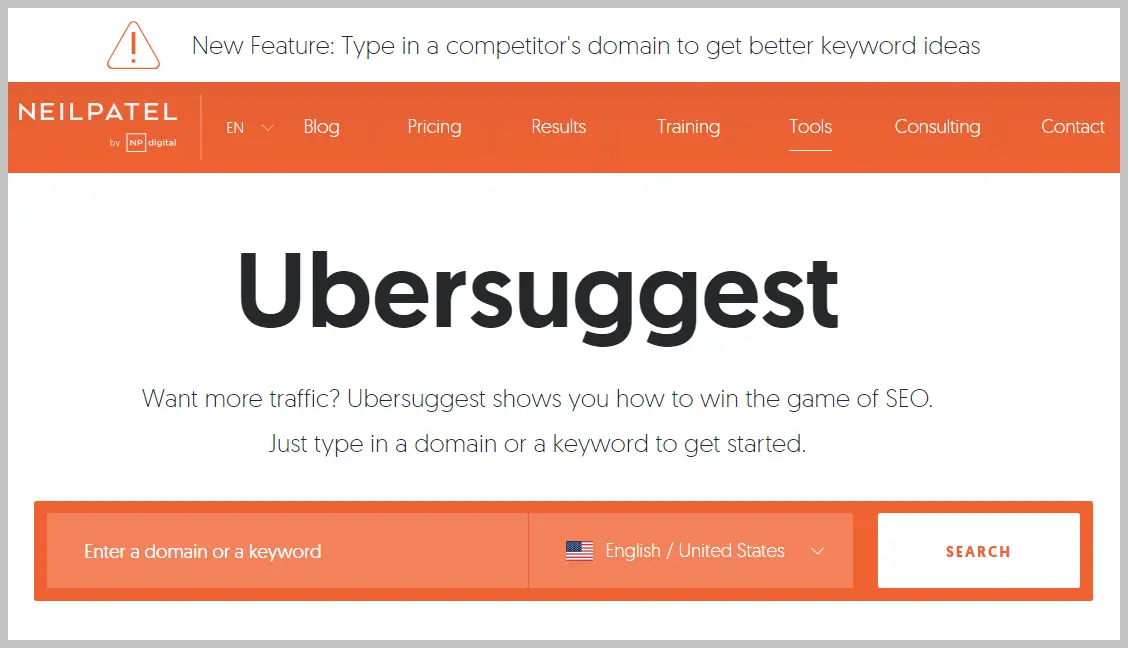 Screenshot of Ubersuggest home page