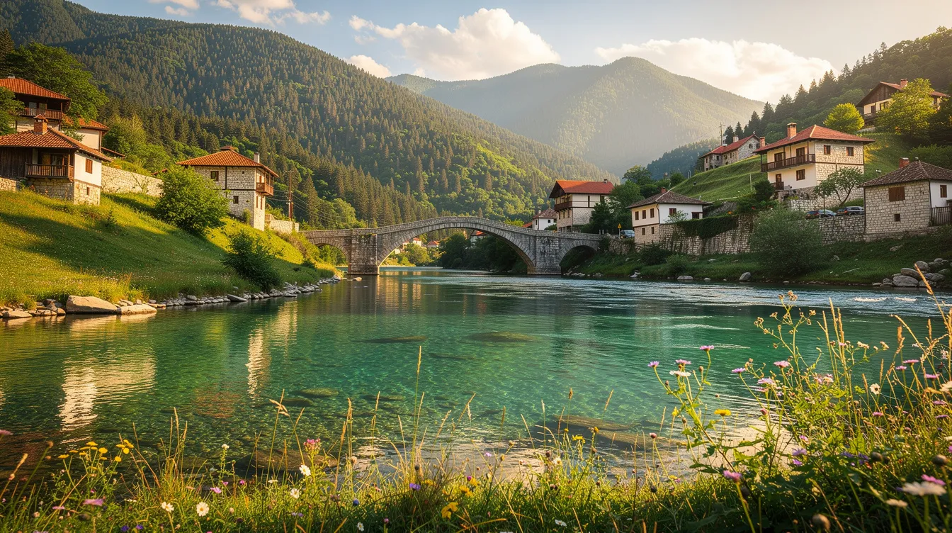 A imagem retrata uma bela vista da Bósnia durante o verão, com montanhas verdes ao fundo e um céu azul claro. Esta região, rica em cultura e história, é um destino encantador que conecta a Bósnia e Herzegovina à Croácia, oferecendo uma experiência única aos visitantes.