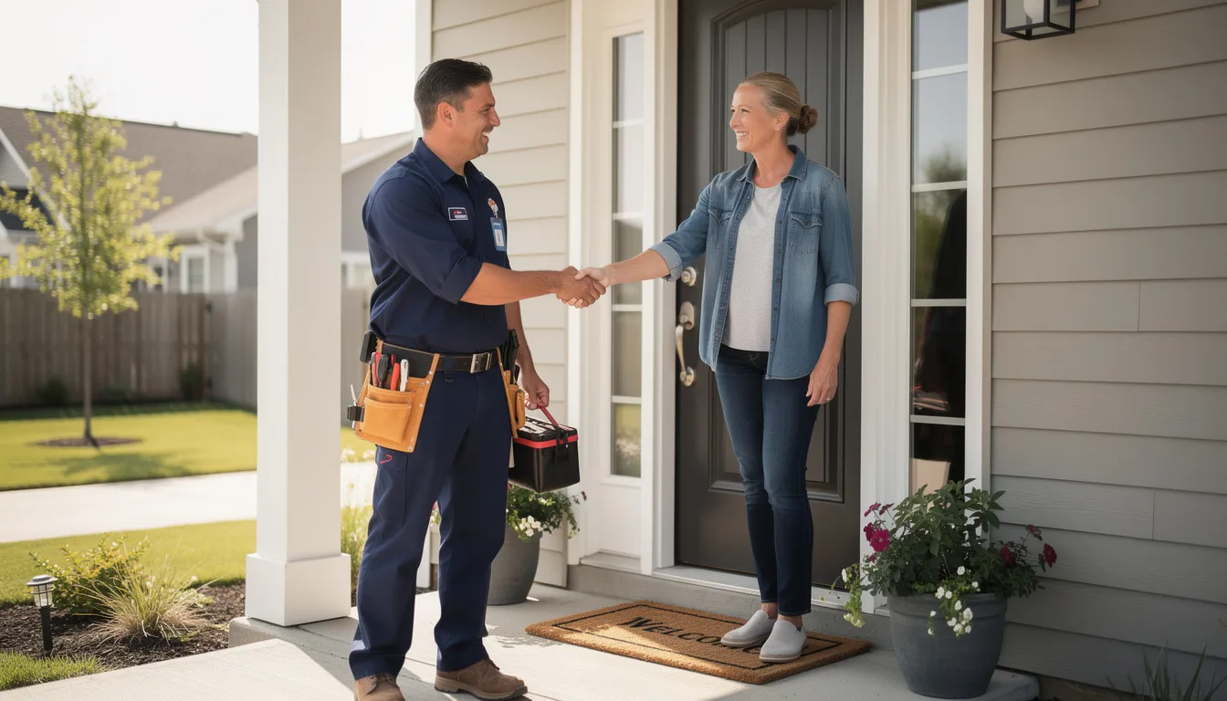 A technician is shaking hands with a homeowner at the front door of a residential home, discussing solutions for improving the home's water quality. This interaction highlights the importance of addressing water problems and ensuring safe drinking water through effective water treatment systems.