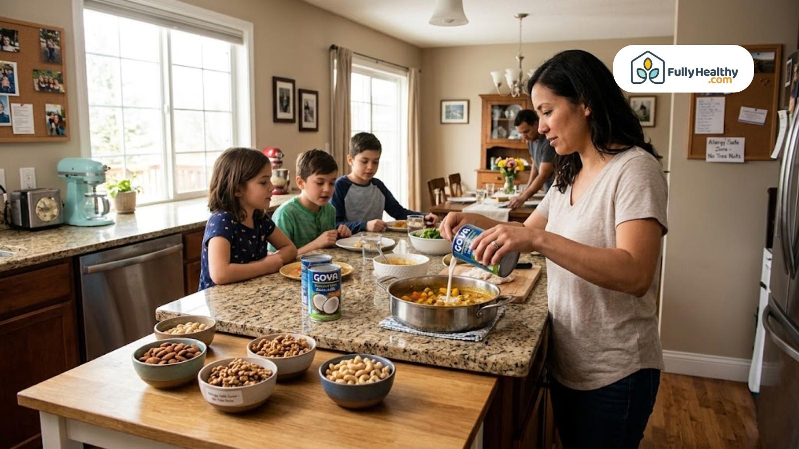 Mother cooking with coconut milk while children watch at kitchen counter