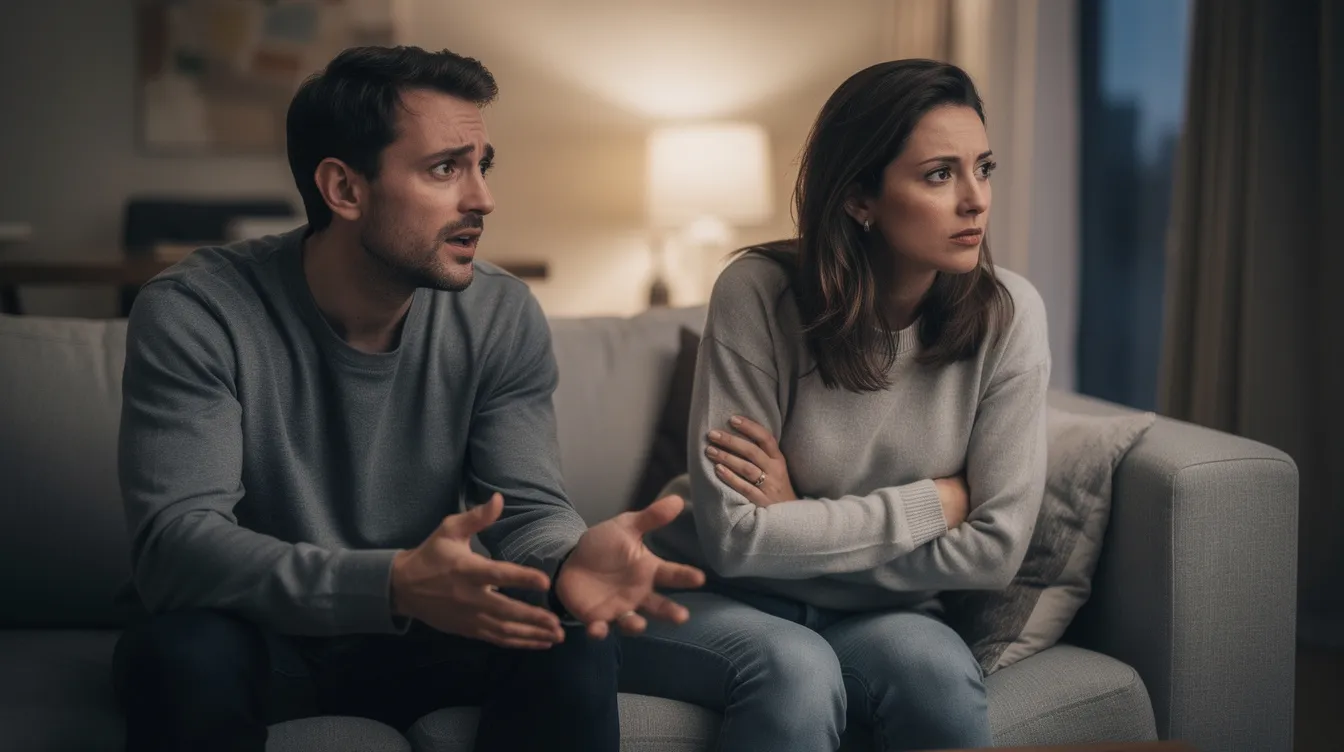 The image depicts a couple sitting together, but the woman exhibits signs of a dismissive avoidant attachment style, showing emotional distance and a reluctance to engage in deep emotional connections. She appears self-reliant and may feel uncomfortable with intimacy, reflecting the challenges often faced by avoidant individuals in romantic relationships.