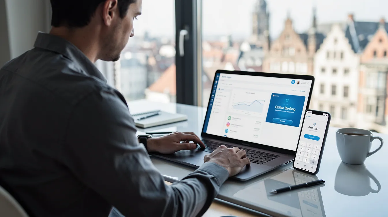 A person is sitting at a desk abroad, using a laptop and smartphone to manage their UBL Roshan digital account for online banking. They are engaged in transactions such as transferring funds and accessing their bank account, showcasing the convenience of banking services for non-resident Pakistanis.