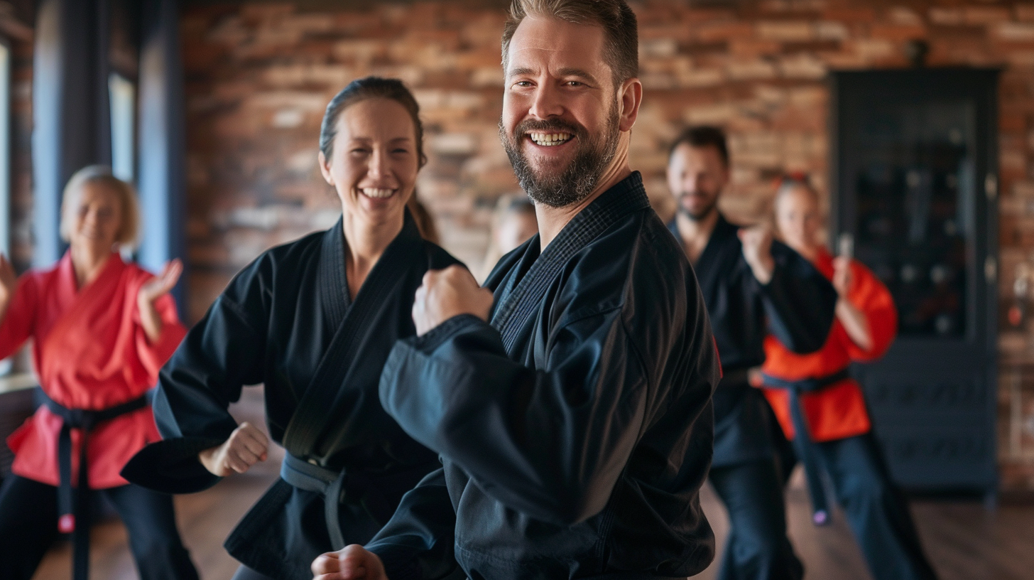 adult students in our adult taekwondo program relieve stress and have improved confidence