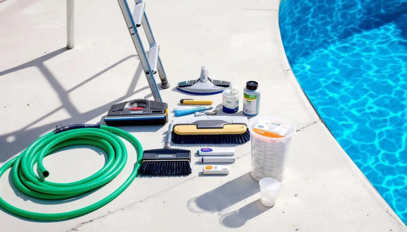 The image depicts a variety of pool maintenance tools and chemicals neatly arranged on a concrete pool deck, including a pool brush, water testing kits, and bottles of chlorine and algaecide. These items are essential for pool owners to maintain clear pool water and prevent algae growth, ensuring a clean and safe swimming environment.
