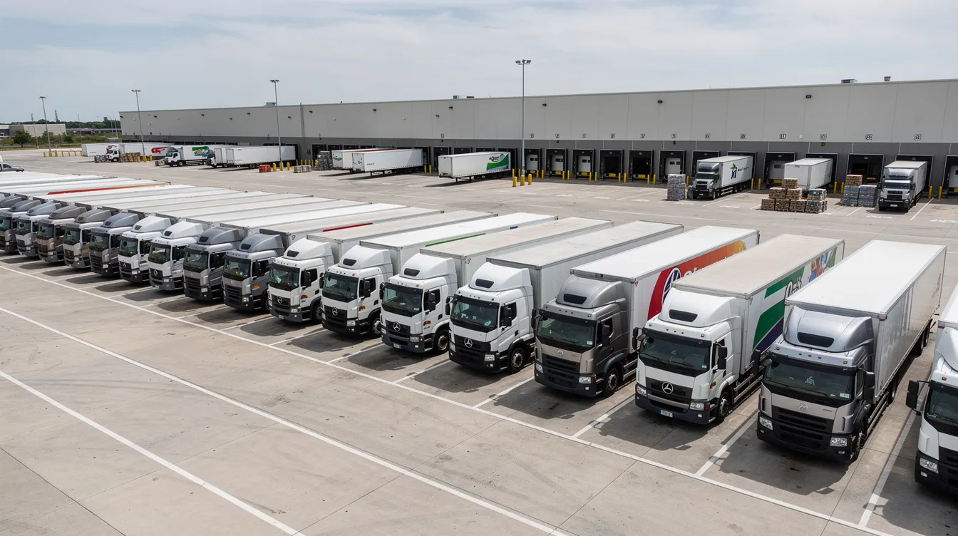 The image shows a fleet of commercial trucks parked at a distribution terminal, highlighting the organized lines of vehicles that are essential for efficient fleet management. This scene reflects the importance of electronic logging devices (ELD) in ensuring compliance with hours of service regulations for truck drivers.