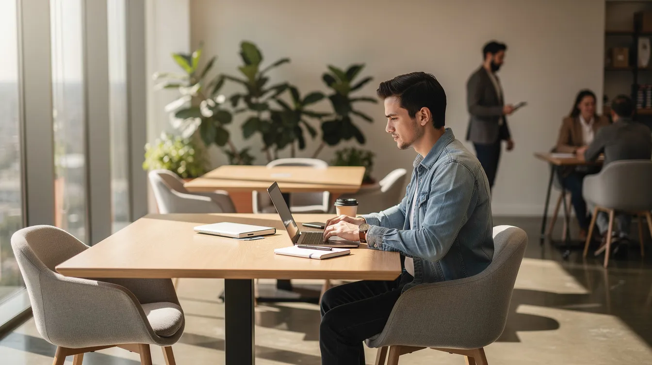 A person is seated at a modern desk in a bright co-working space, focused on their laptop as they brainstorm business ideas. The environment is designed for collaboration, featuring natural lighting that enhances the creative atmosphere, making it an ideal place for aspiring entrepreneurs in Hyderabad to develop profitable business concepts.