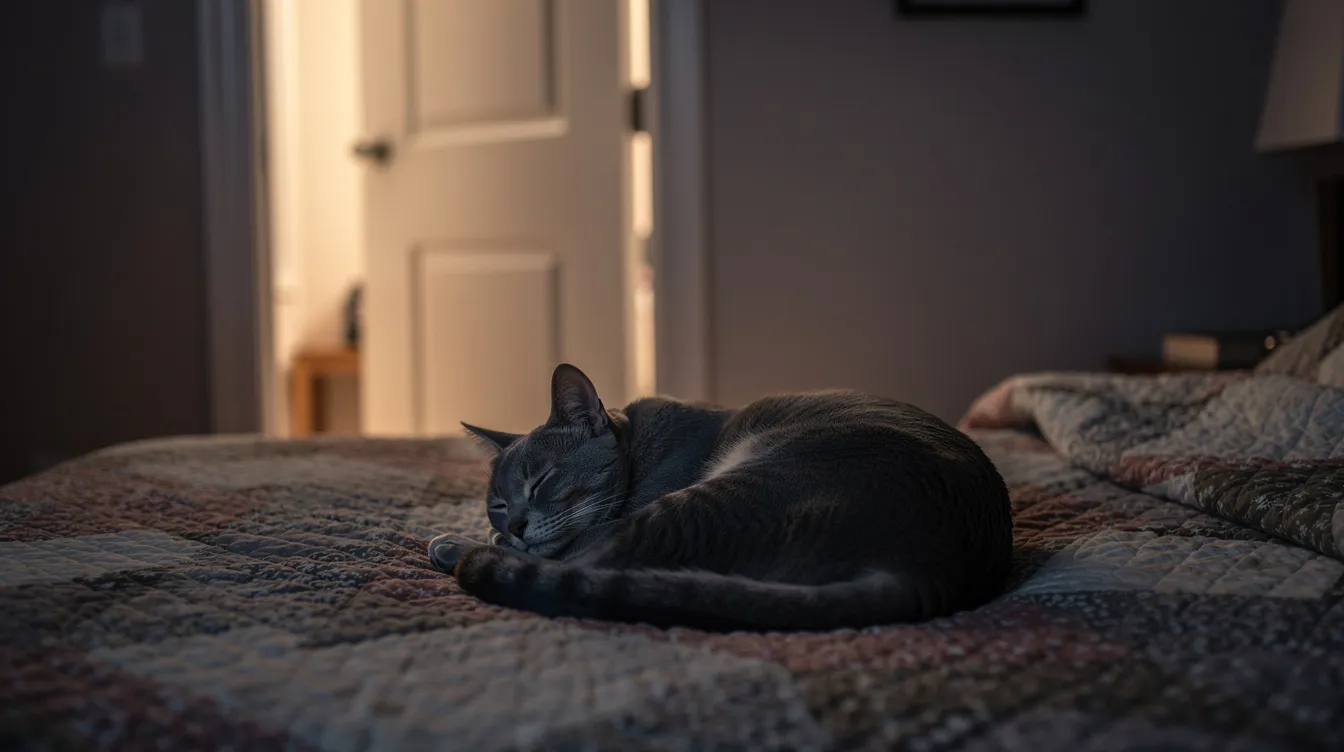 A cat is curled up and sleeping peacefully at the foot of a bed, facing the bedroom door. This position shows the cat's body language of trust, as it feels safe enough to turn its back while resting.