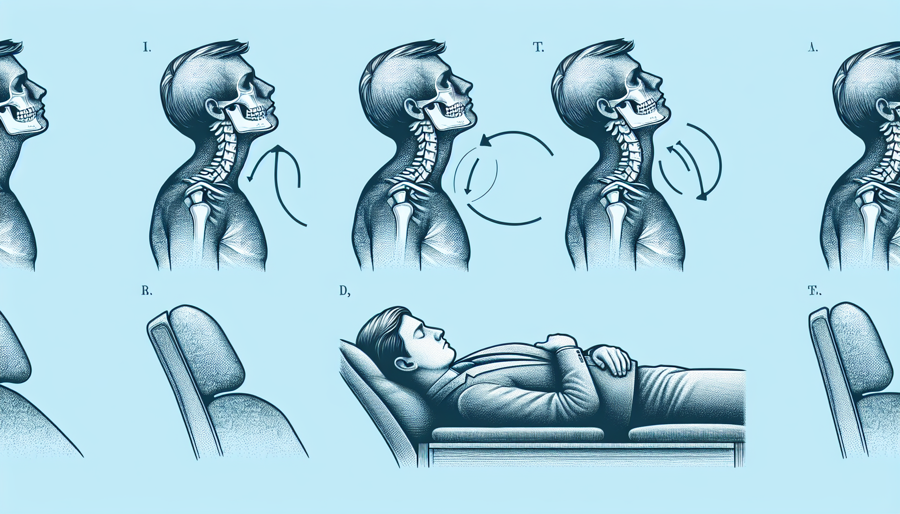 Illustration of posture correction strategies for occipital neuralgia prevention