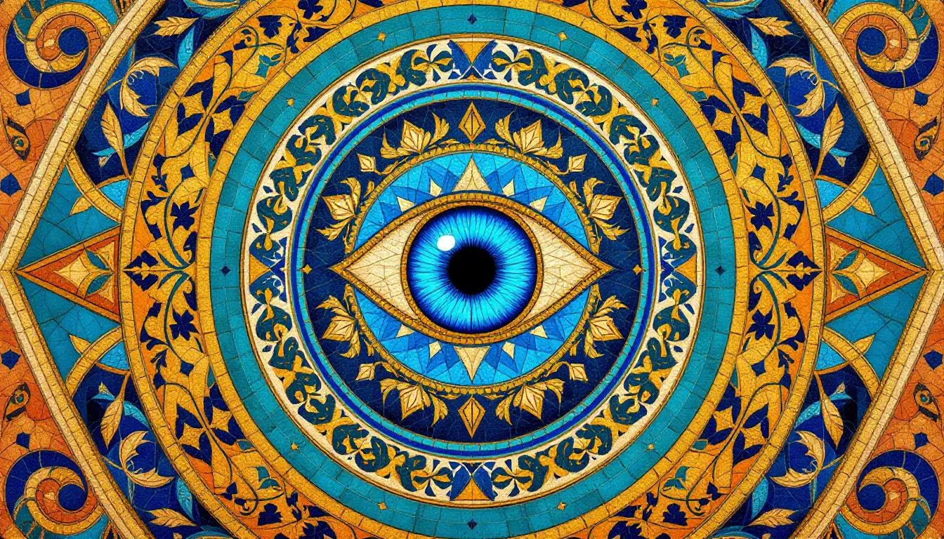 An illustration of the evil eye symbol, depicting a blue eye surrounded by intricate designs.