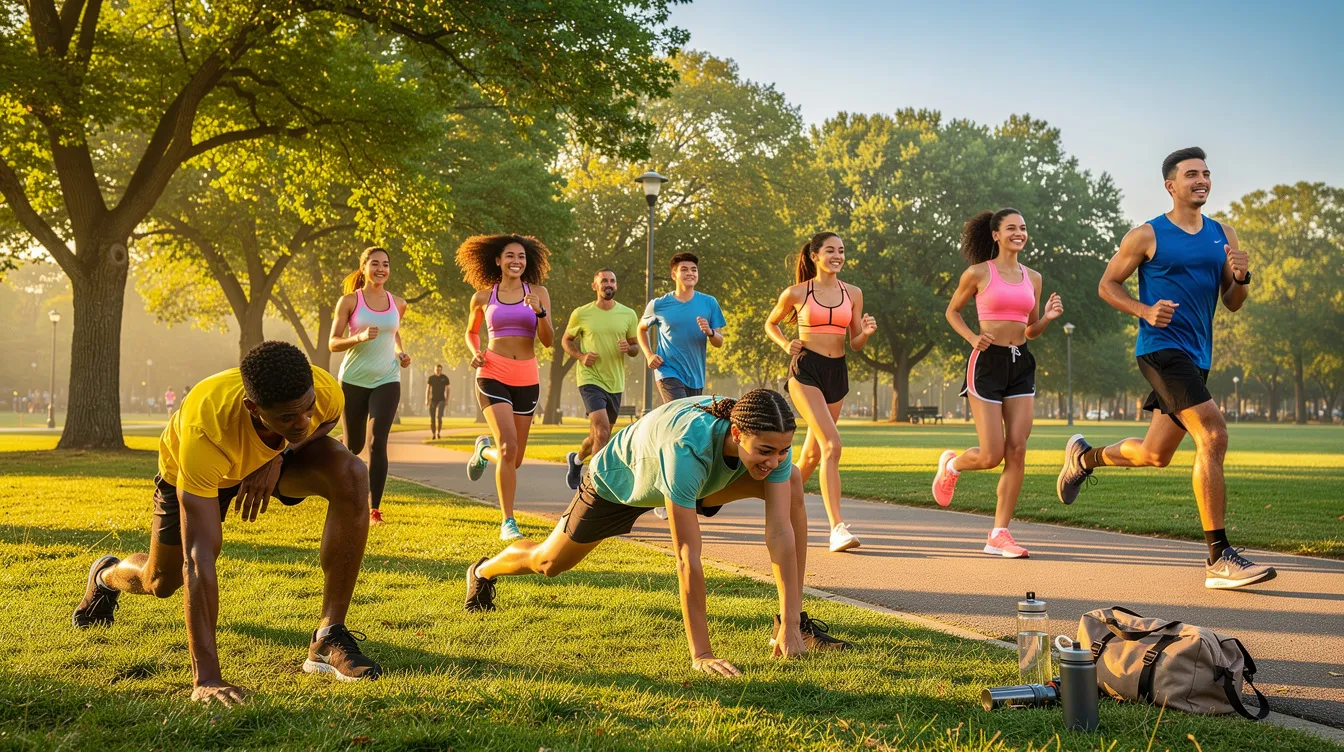 A diverse group of teenagers is exercising outdoors in a sunny park, engaging in stretches and light jogging, promoting both physical health and mental well-being. This activity supports student mental health by encouraging healthy relationships and coping skills among peers.