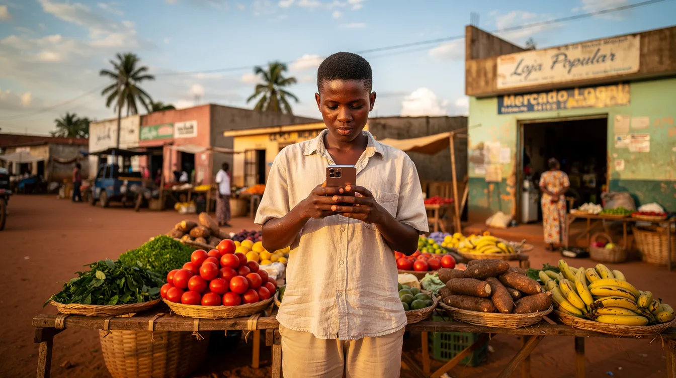 A person is using a smartphone at an outdoor market stall in a Mozambican town, likely engaging in a mobile money transaction or checking digital financial services. The scene highlights the importance of mobile wallets and international money transfer services for facilitating financial transactions in rural areas.