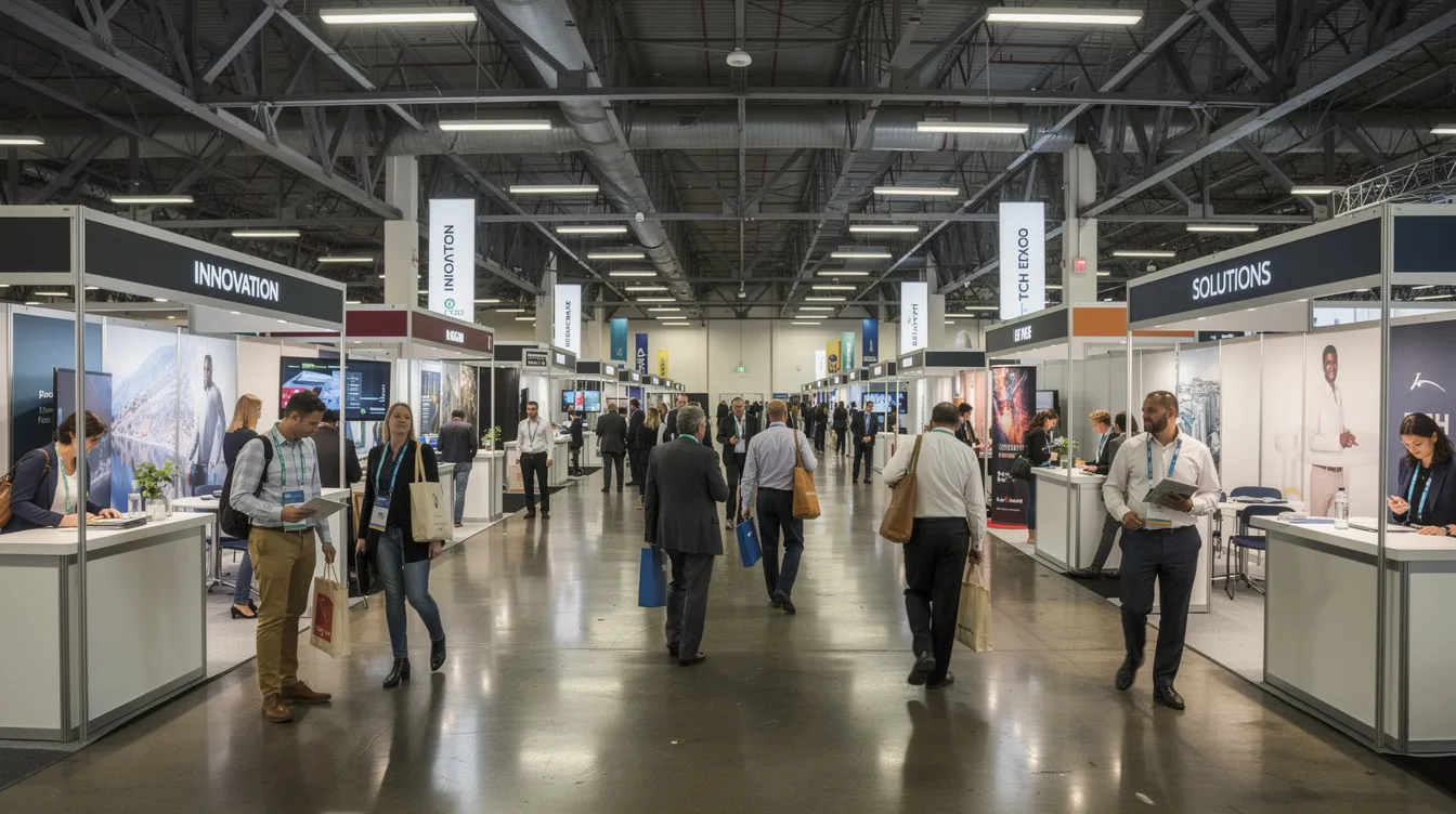 A wide-angle view of a bustling exhibit hall floor at the Minneapolis Convention Center showcases rows of booth structures under bright overhead lighting, with various interactive displays and high-resolution video walls creating an engaging atmosphere for trade shows and corporate events. Visitors navigate through the space, exploring live demos and product launches amidst a backdrop of vibrant booth designs.