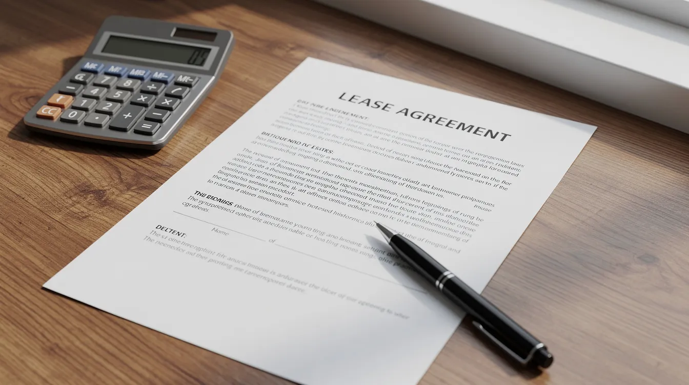 A close-up view of a lease agreement document is placed next to a calculator and a pen on a wooden desk, illuminated by natural light, symbolizing the essential paperwork involved in property management services. This setup highlights the financial management and day-to-day operations that property managers handle for property owners and prospective tenants.