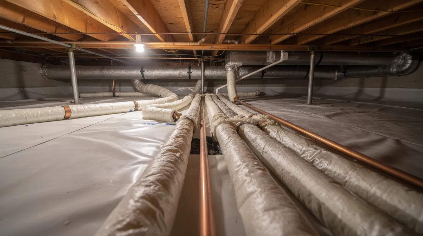 The image shows insulated water supply pipes running through a residential crawlspace, highlighting the proper installation of plumbing pipes in an older structure. The copper pipes are neatly arranged, ensuring efficient water flow and minimizing potential pipe problems such as leaks or blockages.
