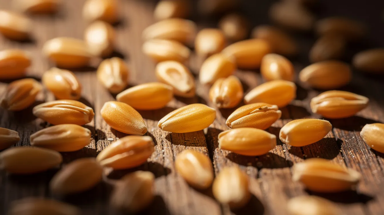 A close-up view of golden wheat grain kernels is spread across a wooden surface, showcasing the raw materials essential for flour milling processes. This image highlights the quality and consistency of wheat, which is crucial for producing various types of flour, including standard wheat flour and specialty flour.