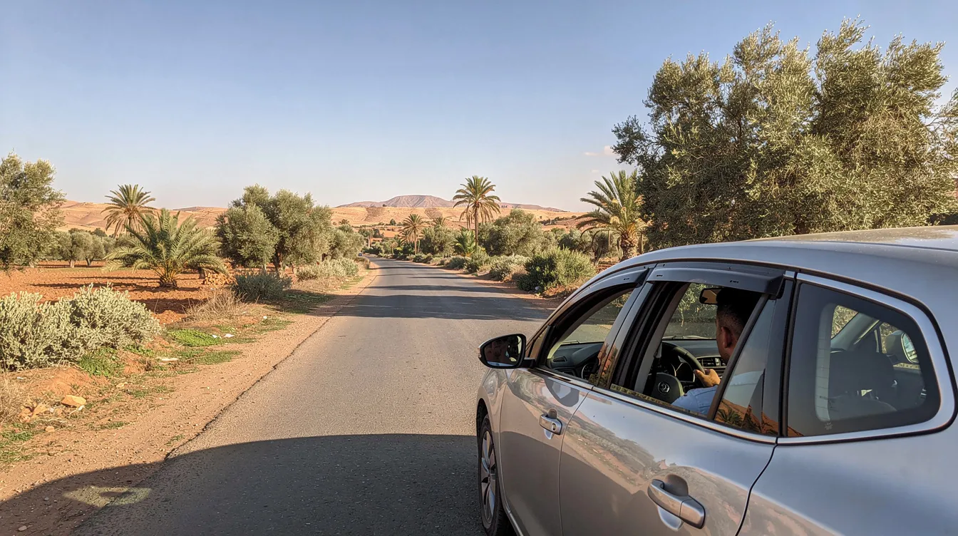 Une voiture sur une route panoramique au Maroc sous un ciel dégagé.