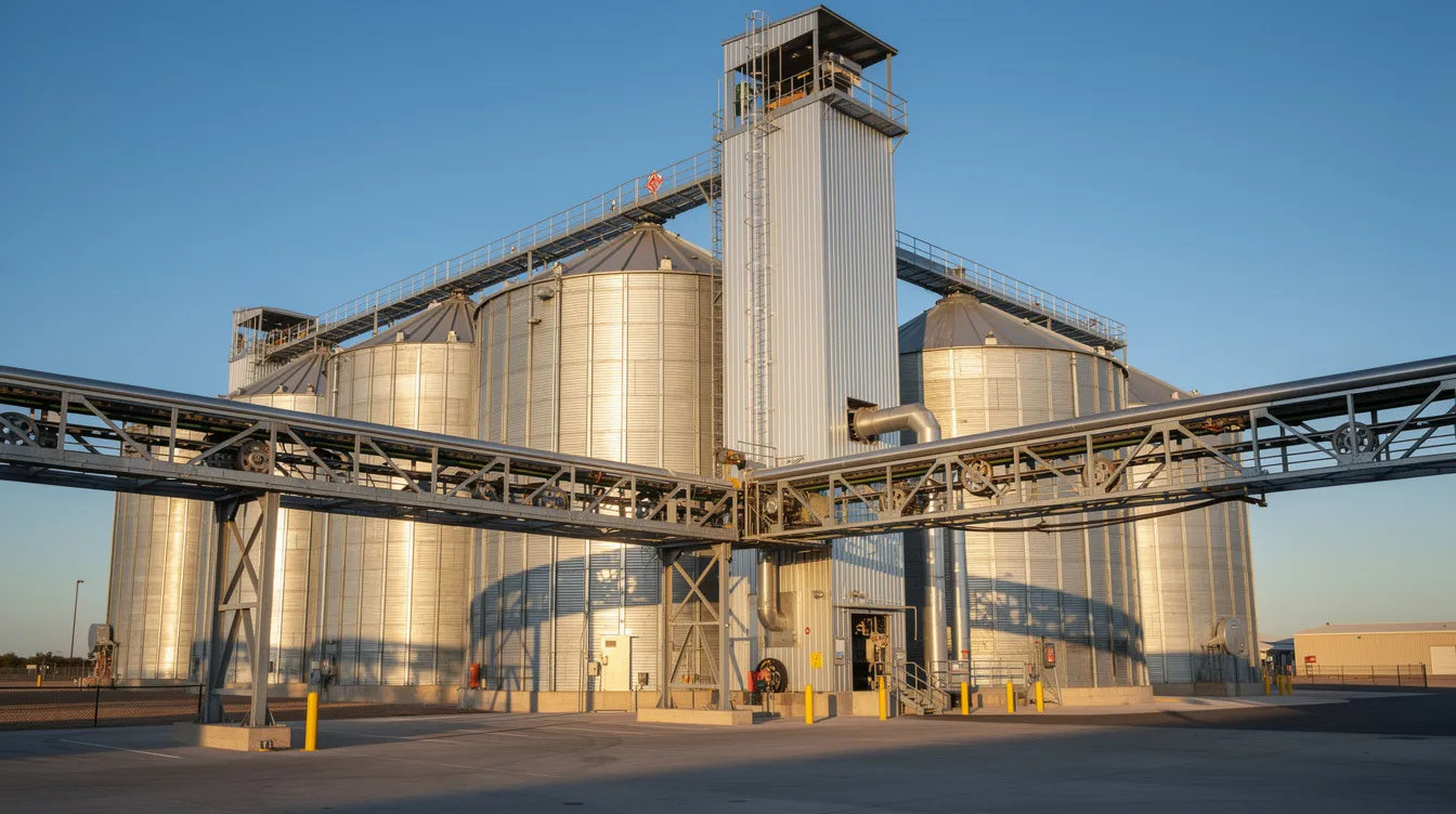 2098362c bf15 4fc1 8048 2ee16622ef00 The image shows steel bucket elevators and belt conveyors connected to grain storage silos at a commercial grain terminal, designed to handle large quantities of grains like wheat and rice. These industrial silos, featuring hopper bottoms for efficient grain handling, are essential for maintaining grain quality and reducing spoilage in food processing industries.