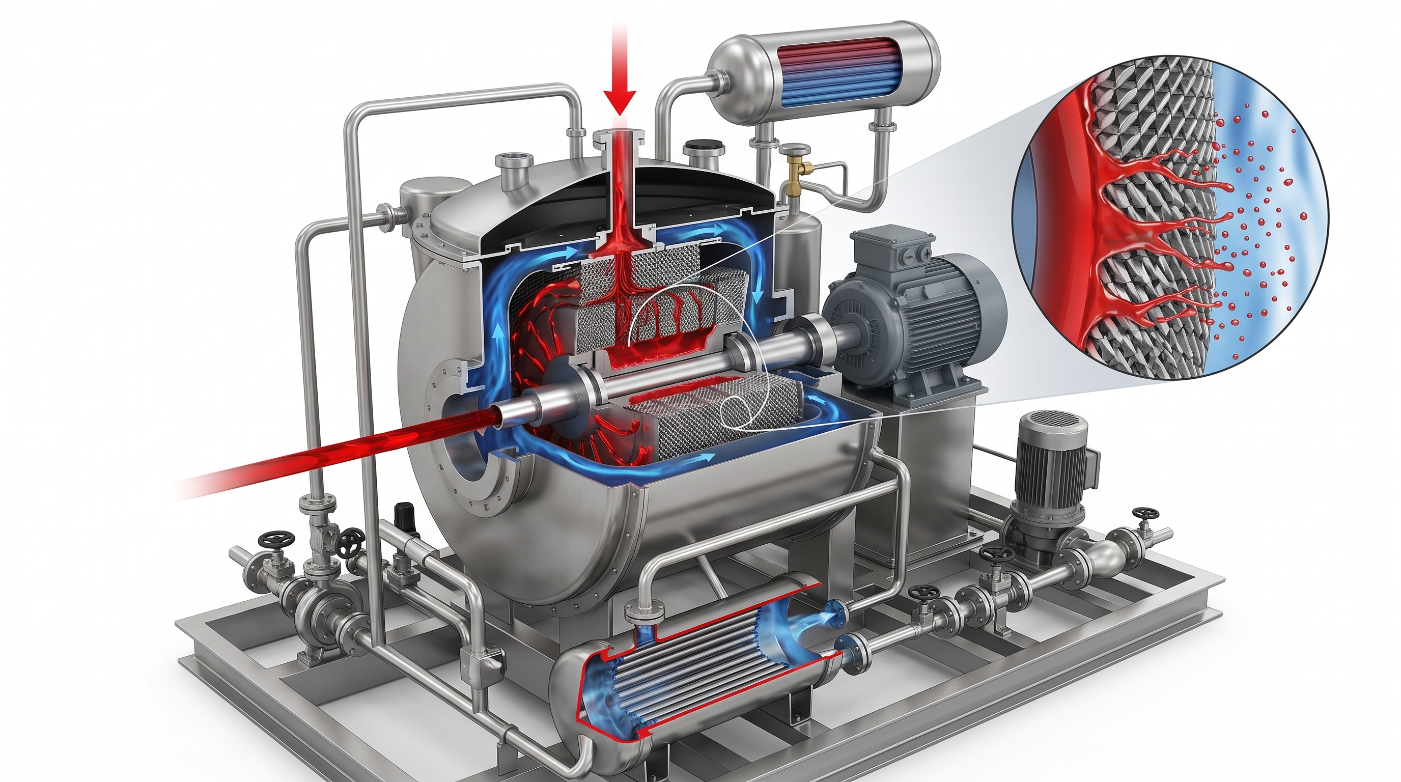 Cutaway view of a HiGee heat pump distillation system for solvent recovery.
