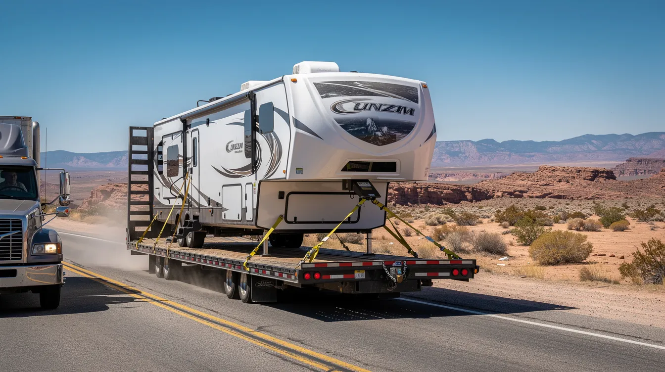 A fifth wheel trailer is securely loaded on an open transport trailer as it drives through a vast desert landscape, showcasing the reliability of rv transport services. This scene highlights the importance of safe and efficient transporting of RVs across long distances.