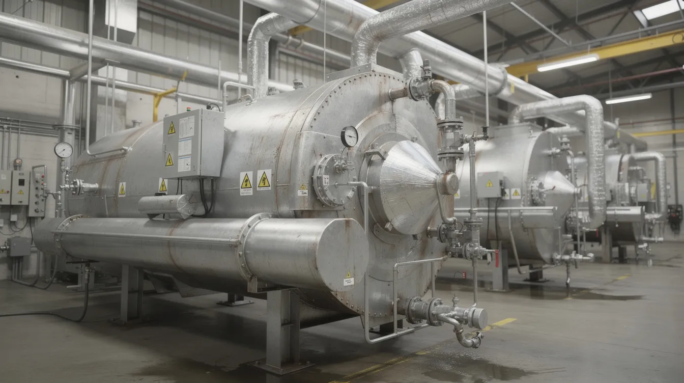 The image depicts a realistic industrial boiler, showcasing a robust structure designed for steam generation and hot water production. This boiler system features a combustion chamber and tubes surrounded by water, highlighting its role in efficient heat transfer and energy generation for various industrial applications.