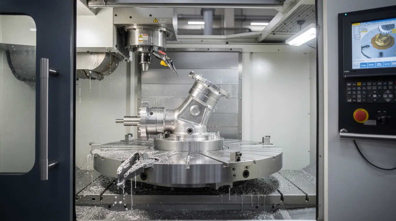 The image depicts a five-axis CNC machining center with a titanium aerospace component securely mounted in a fixture, showcasing advanced aerospace CNC machining capabilities essential for producing precision aerospace parts with tight tolerances. This setup highlights the rigorous processes and quality control standards upheld in the aerospace industry.