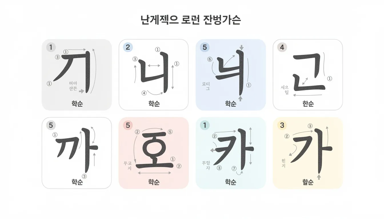 The image shows a detailed demonstration of the proper stroke order for writing Korean letters, specifically Hangul characters, with directional arrows guiding the movements. This visual aid is essential for Korean language learners to understand how to form syllable blocks and practice writing Korean effectively.