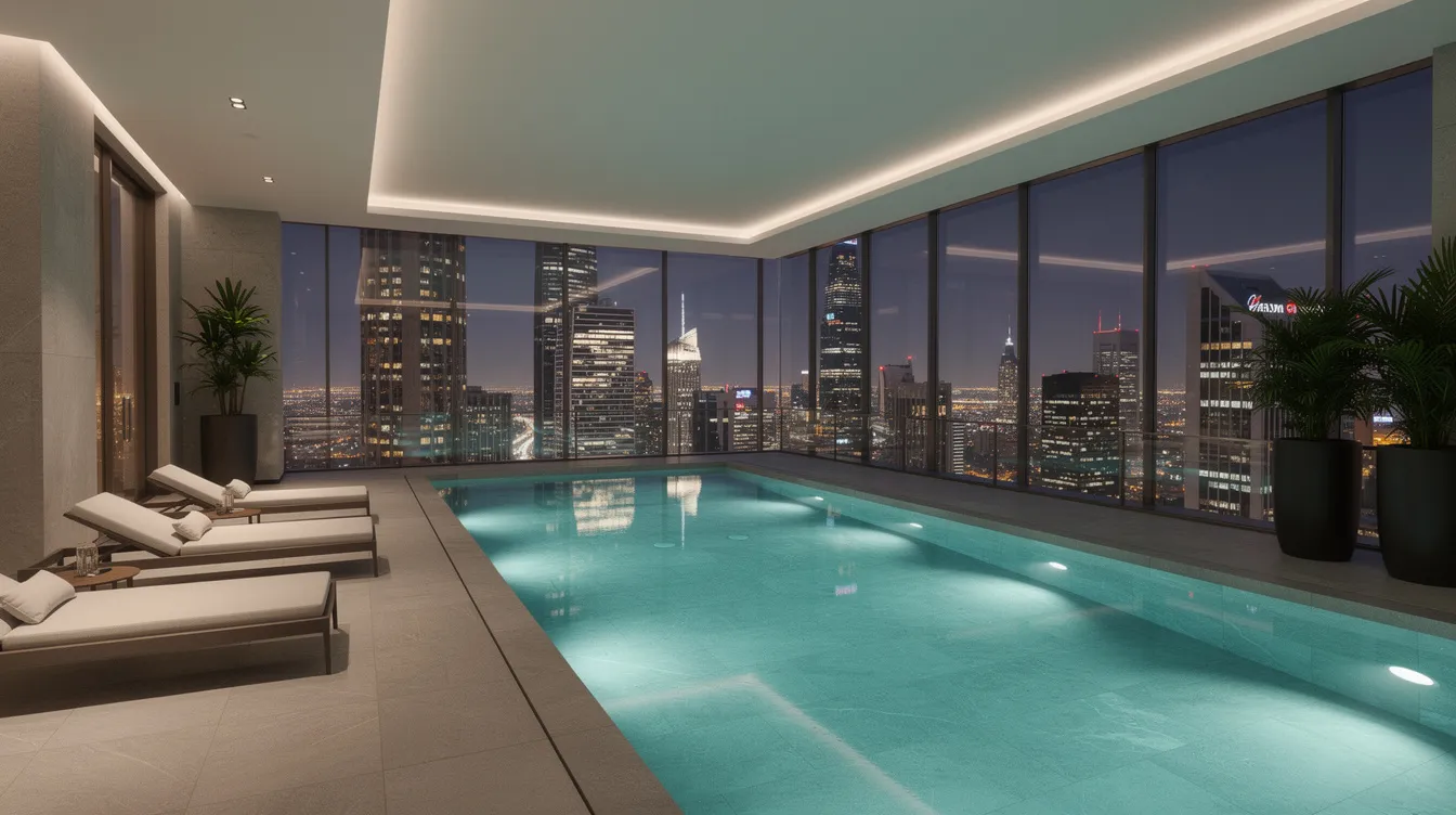 The image features a luxurious indoor swimming pool with floor-to-ceiling windows that provide stunning views of Toronto's skyline, showcasing the vibrant city life. This elegant space embodies the unparalleled luxuries of living at One Bloor, where residents can enjoy a perfect blend of relaxation and city excitement.