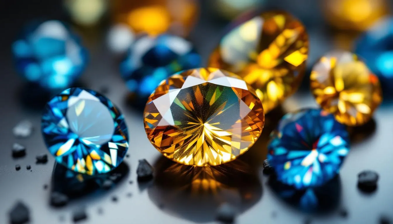 The image showcases a stunning array of zircon gemstones, highlighting their rich colors ranging from sky blue to violet hues, making them a captivating choice among December birthstones. Each stone exhibits brilliant flashes of light, often resembling diamonds, and is set against a neutral background to emphasize their vibrant beauty and uniqueness as natural gemstones.
