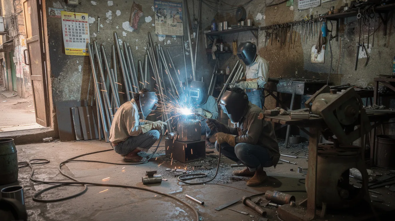 209f0a61 24ff 47e0 8401 8d28a52b7d5d The image depicts a small Indian workshop bustling with activity, featuring workers engaged in welding tasks surrounded by various welding equipment. This environment reflects the essence of micro enterprises that often seek financial assistance through schemes like the Mudra loan to support their income-generating activities.