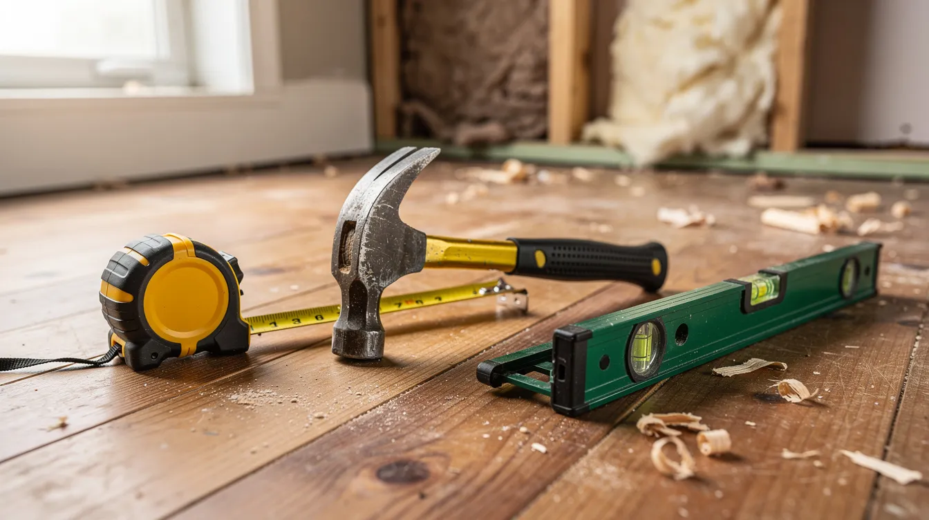 The image features a hammer, tape measure, and level arranged on a wooden floor in a partially renovated room, illustrating essential construction tools for house flipping. This scene represents the hands-on work involved in real estate investing, highlighting the importance of renovation costs and understanding local building codes for successful flips.