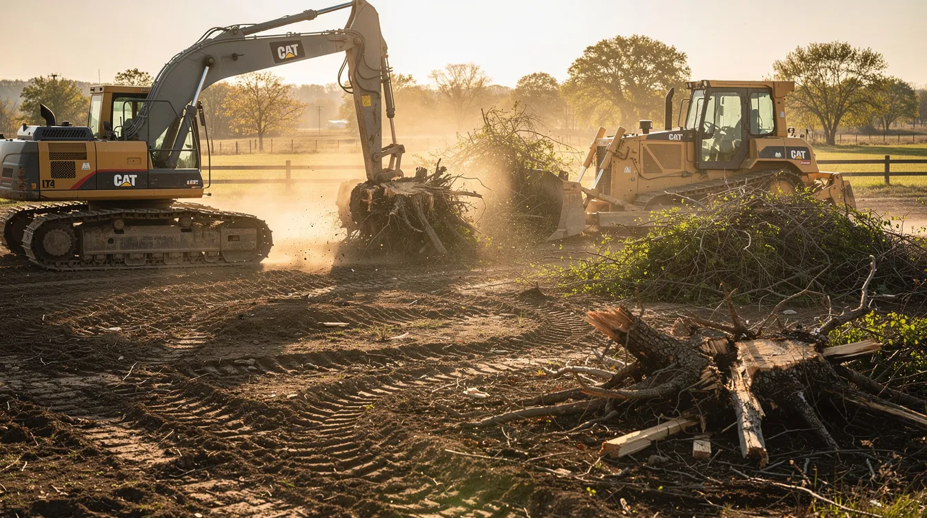 A heavy-duty bulldozer and excavator are actively clearing thick brush and removing large tree stumps on a rural property in Yukon, Oklahoma, with dust particles visible in the warm afternoon light. This scene illustrates the land clearing process, showcasing the equipment and teamwork involved in preparing the site for future construction projects.
