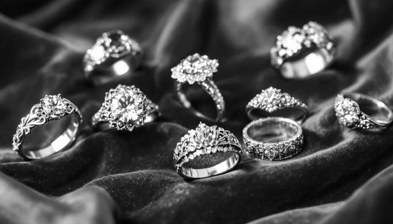 Various styles of silver engagement rings displayed together.