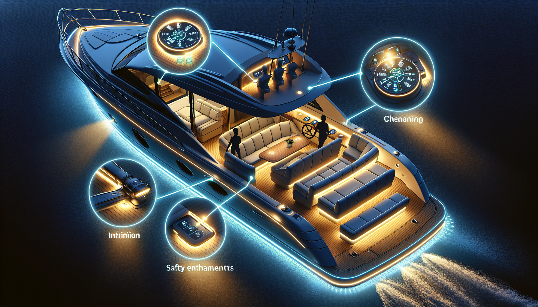 An illustration depicting practical uses of marine LED tape lights.