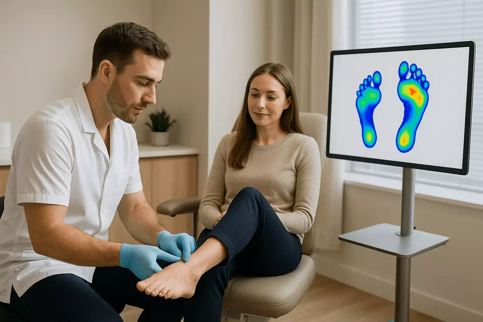 Podiatrist evaluating foot mechanics using pressure scan technology