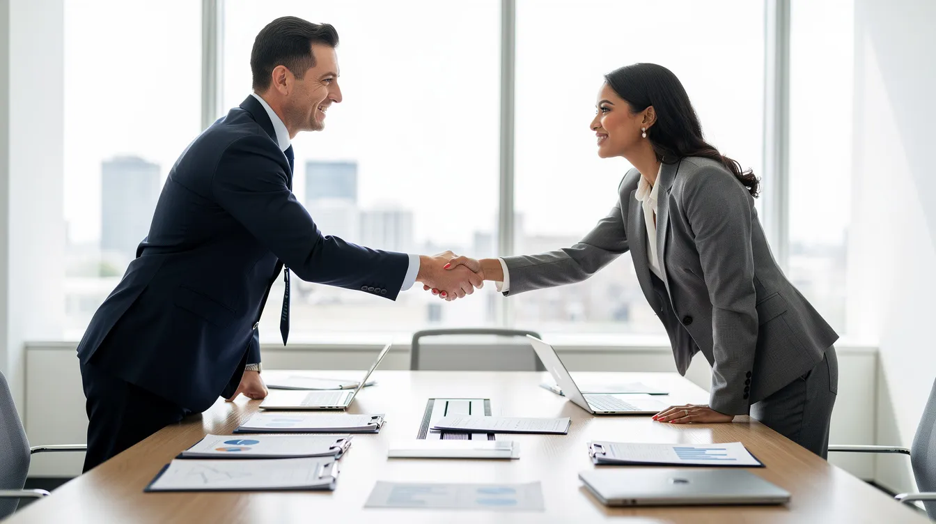 The image depicts two professionals in an office environment, shaking hands across a desk filled with documents, symbolizing a successful business agreement. The setting conveys a formal atmosphere, emphasizing collaboration and trust in a corporate context.