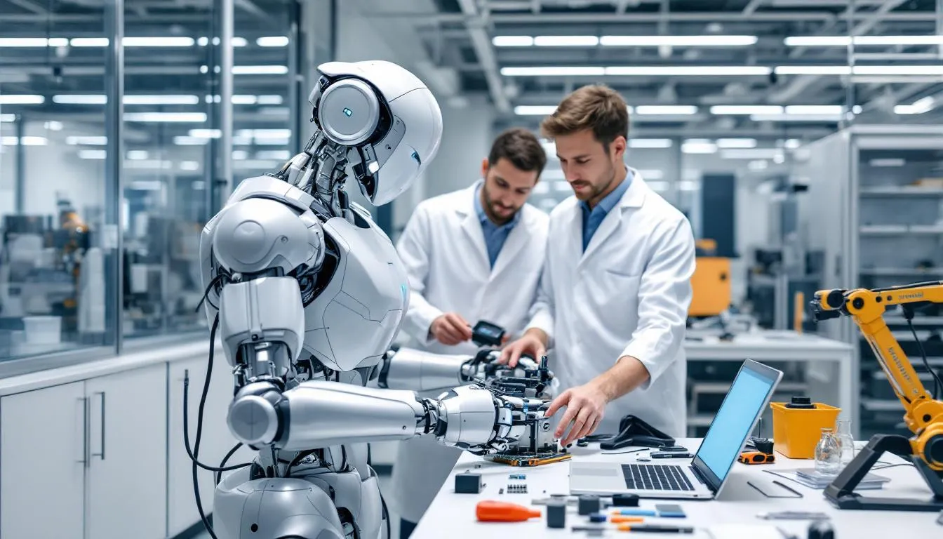 In a modern laboratory setting, a collaborative robot (cobot) is working alongside human engineers, demonstrating the integration of mechatronics systems and mechanical components in advanced manufacturing processes. The scene highlights the synergy between intelligent machines and human expertise in the field of mechanical and electrical engineering.