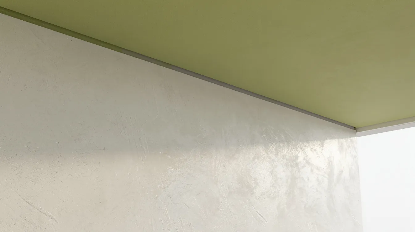 The image features a bright interior space with a matte lime-painted ceiling that seamlessly transitions into a polished venetian plaster wall, showcasing a beautiful textured finish. This design creates a dramatic contrast between the smooth satin finish of the wall and the vibrant paint, enhancing the overall aesthetic of the residential area.