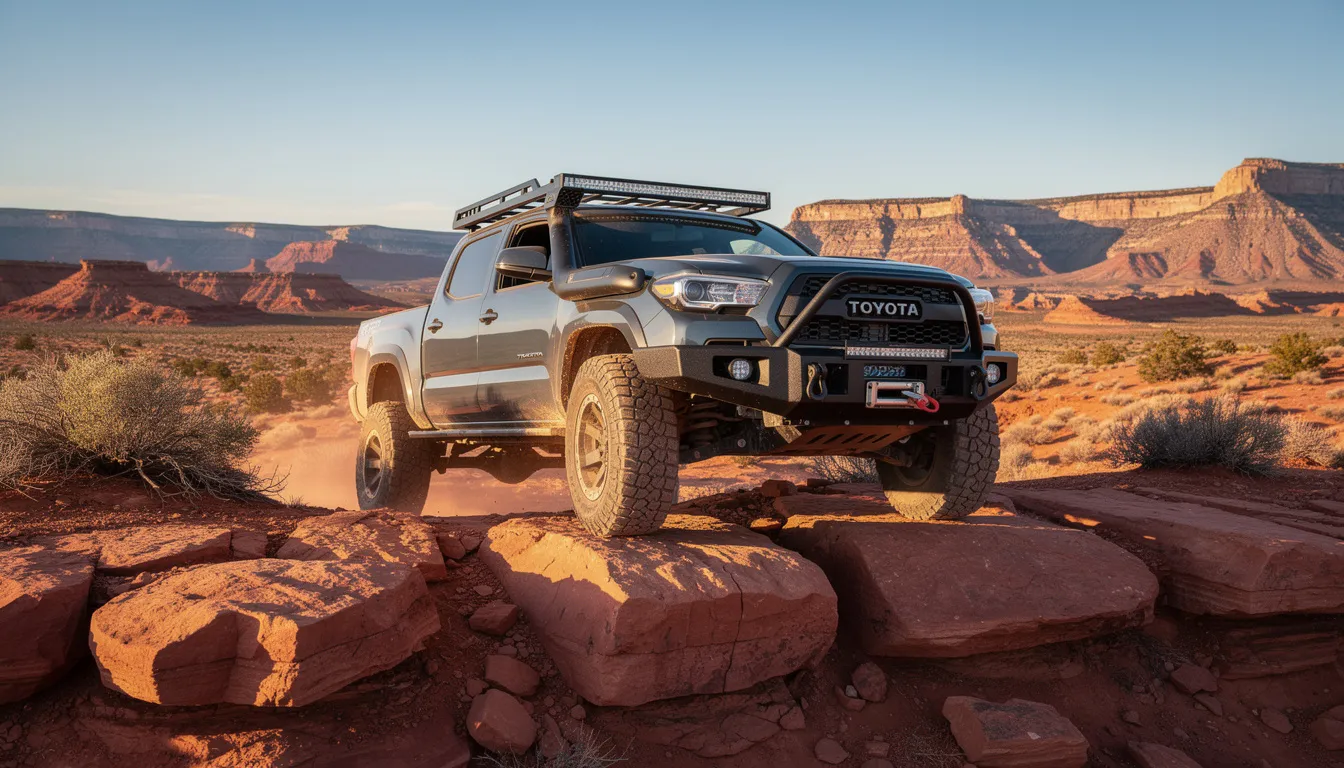 A Toyota Tacoma equipped with a steel bumper and roof rack is skillfully navigating the rocky terrain of Utah, showcasing its off-road capabilities. The vehicle's design reflects a commitment to adventure and durability, ideal for exploring the rugged landscapes of the American Northwest.
