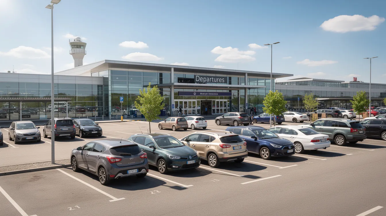 Immagine che mostra la vista esterna di un moderno terminal aeroportuale, con diverse auto parcheggiate nel piazzale antistante, il tutto illuminato da una giornata soleggiata. Questo terminal rappresenta un punto di partenza ideale per chi cerca un noleggio auto a Fès, in Marocco, per esplorare la regione.