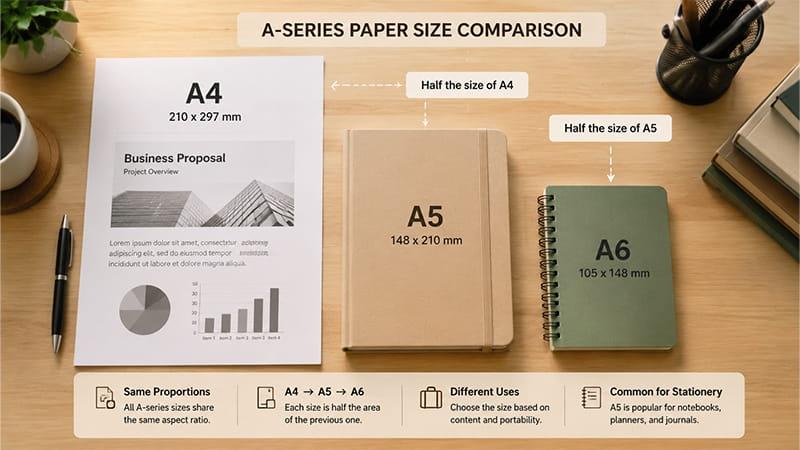 A4 A5 and A6 paper size comparison showing dimensions, proportions, and common stationery uses