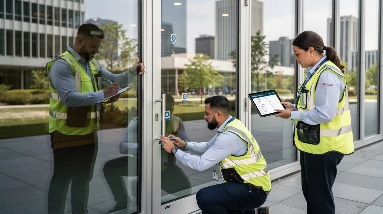 The image shows a group of security professionals conducting a building security assessment, focusing on evaluating the vulnerabilities of existing windows and doors. They are discussing the installation of security window film and bulletproof glass to enhance protection against forced entry and ballistic attacks.