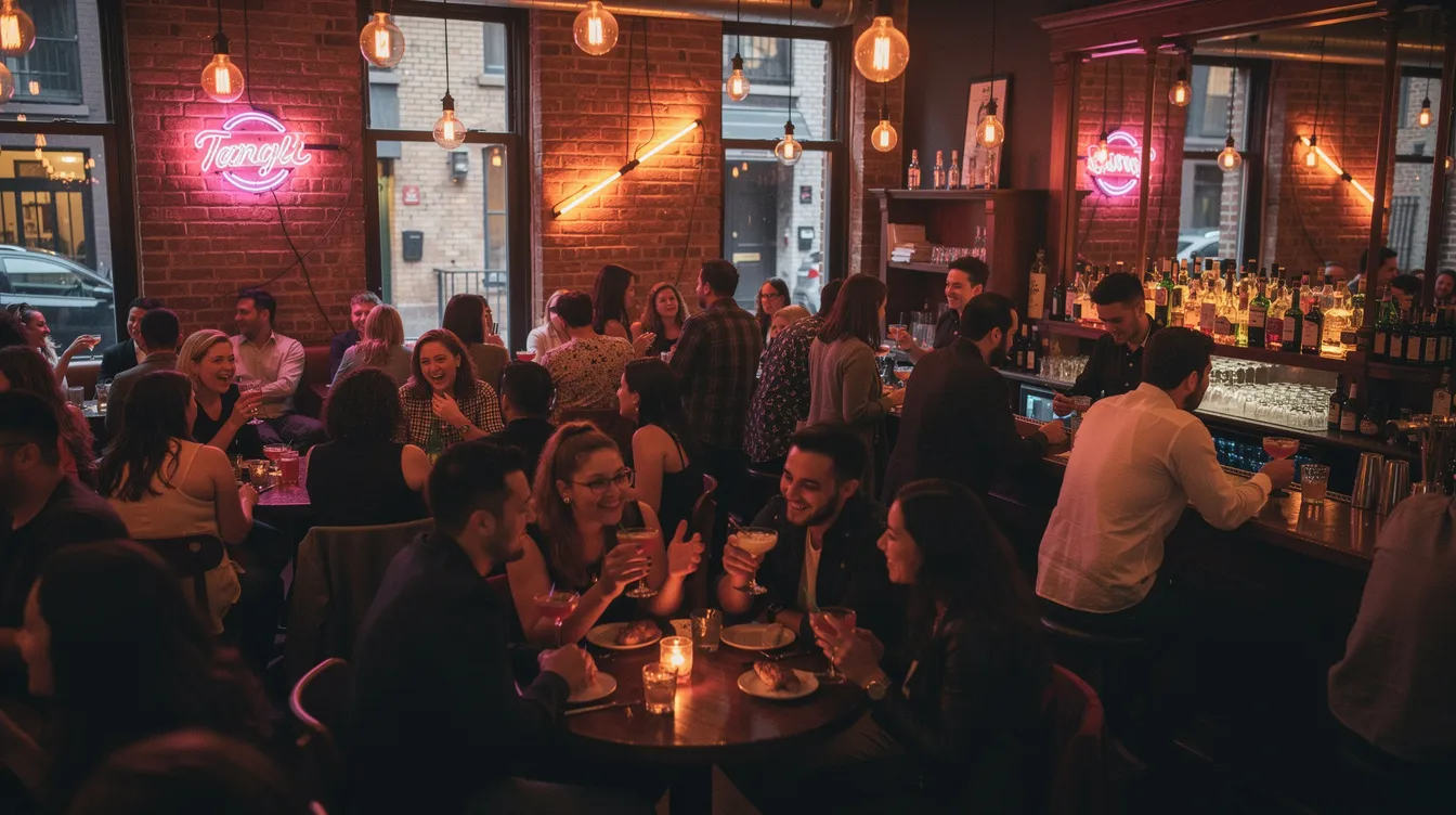 The image depicts a lively West Village bar filled with a large crowd enjoying themselves, surrounded by white brick walls and a shimmering disco ball overhead. Patrons are engaged in conversation, sipping on classic cocktails and signature drinks, while some dance on the floor, capturing the vibrant nightlife of this popular NYC location.