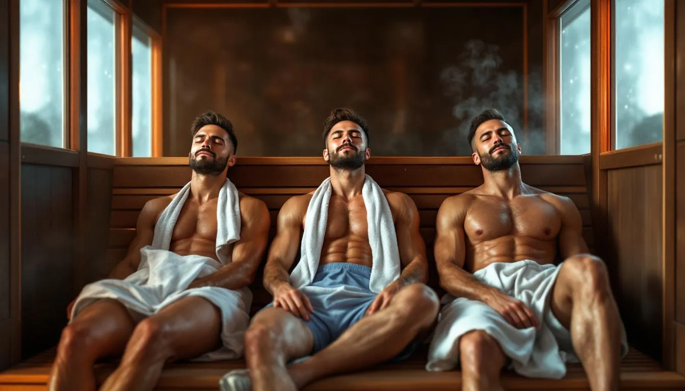 The image depicts athletes relaxing in an infrared sauna after intense training sessions, benefiting from sauna therapy to enhance muscle recovery and relieve muscle soreness. The warm infrared light promotes increased blood flow, aiding in the athletes' recovery process.