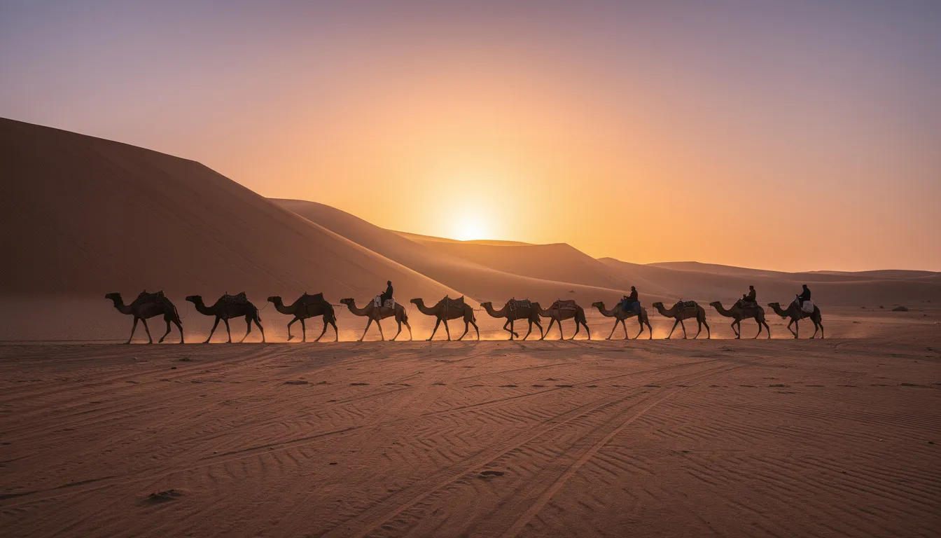 A camel caravan is silhouetted against the massive rolling dunes of the Sahara Desert during a stunning sunset, creating a picturesque scene that captures the vast expanse of this iconic landscape. The warm colors of the sky contrast beautifully with the dark outlines of the camels, evoking a sense of adventure and exploration in the heart of Africa.