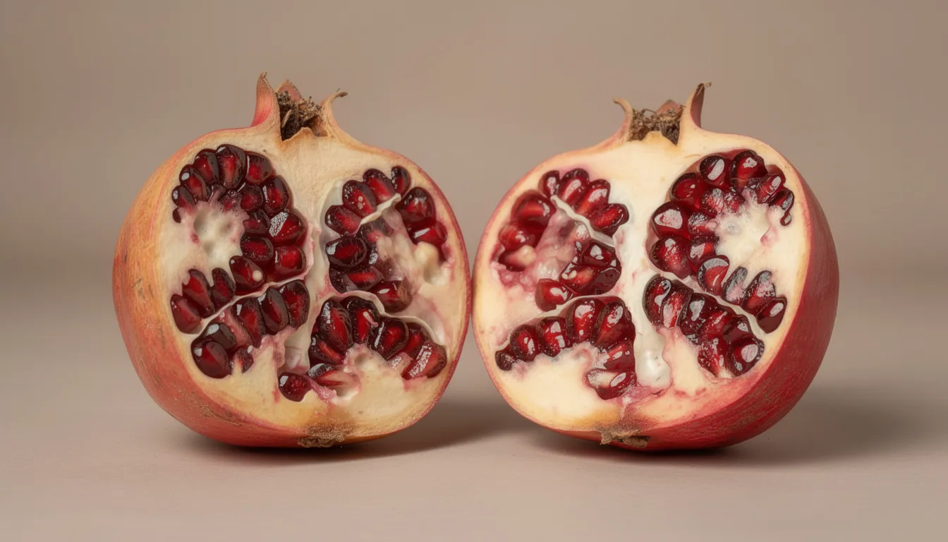 The image shows a fresh pomegranate cut in half, revealing its vibrant red seeds that glisten with juice. This fruit is known for its numerous health benefits, including its potential to support mitochondrial health and improve energy production within the body.