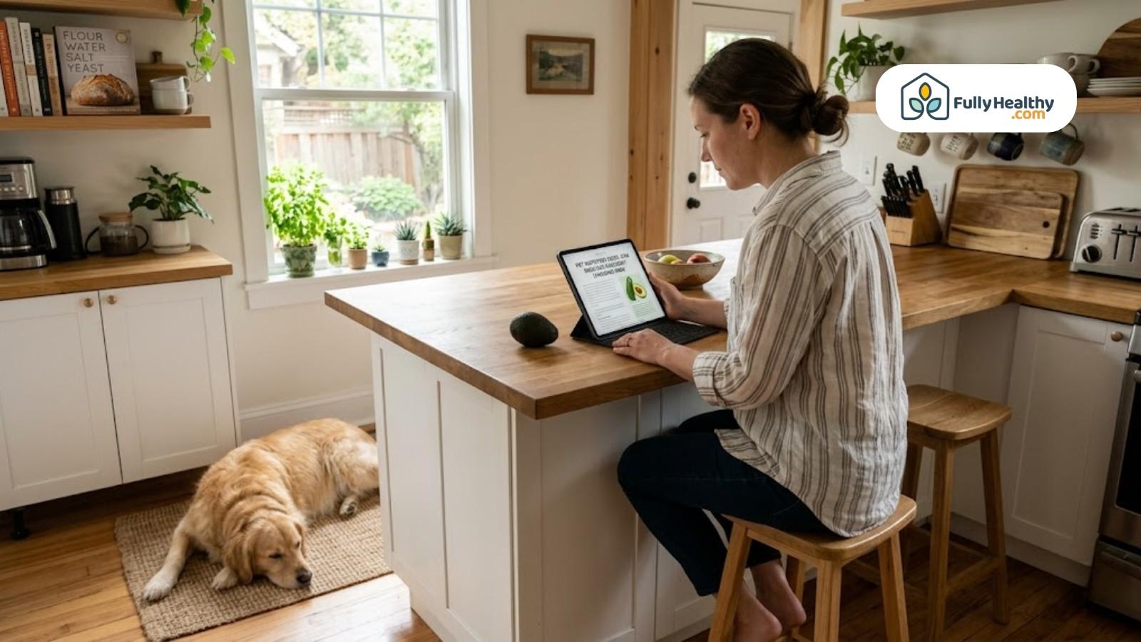Woman reading pet nutrition information on tablet while dog rests nearby