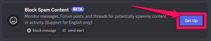 Screenshot showing the block spam content filter for Discord